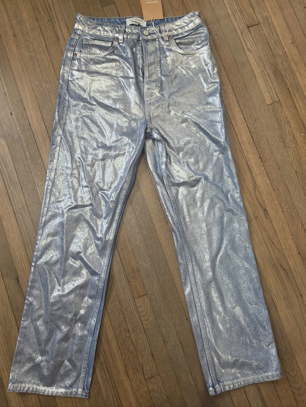 Reformation Cynthia High-Rise Coated Straight Jeans - Silver NWT - Picture 2 of 5
